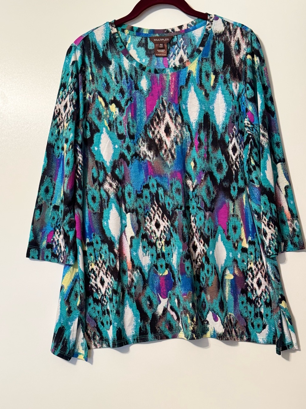 Multiples Teal Multicolor Ikat-Style Long Sleeve Top